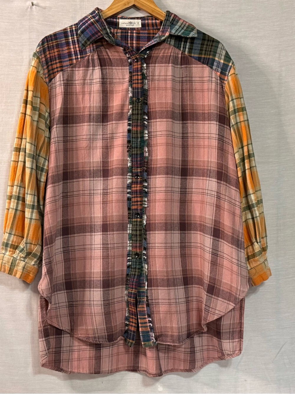 Natural Life Patchwork Plaid Button Down Tunic Shirt M Boho